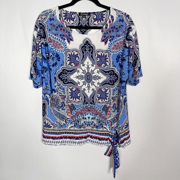 Roz & Ali Womens Medium M Blue White Paisley Printed Scoop Neck Tie Waist Blouse - Picture 1 of 9